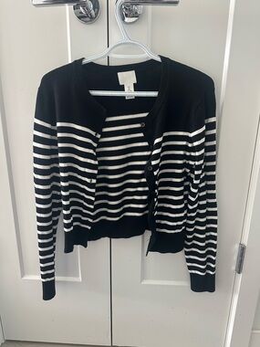 H&M Black and White Striped Button-Up Cardigan
